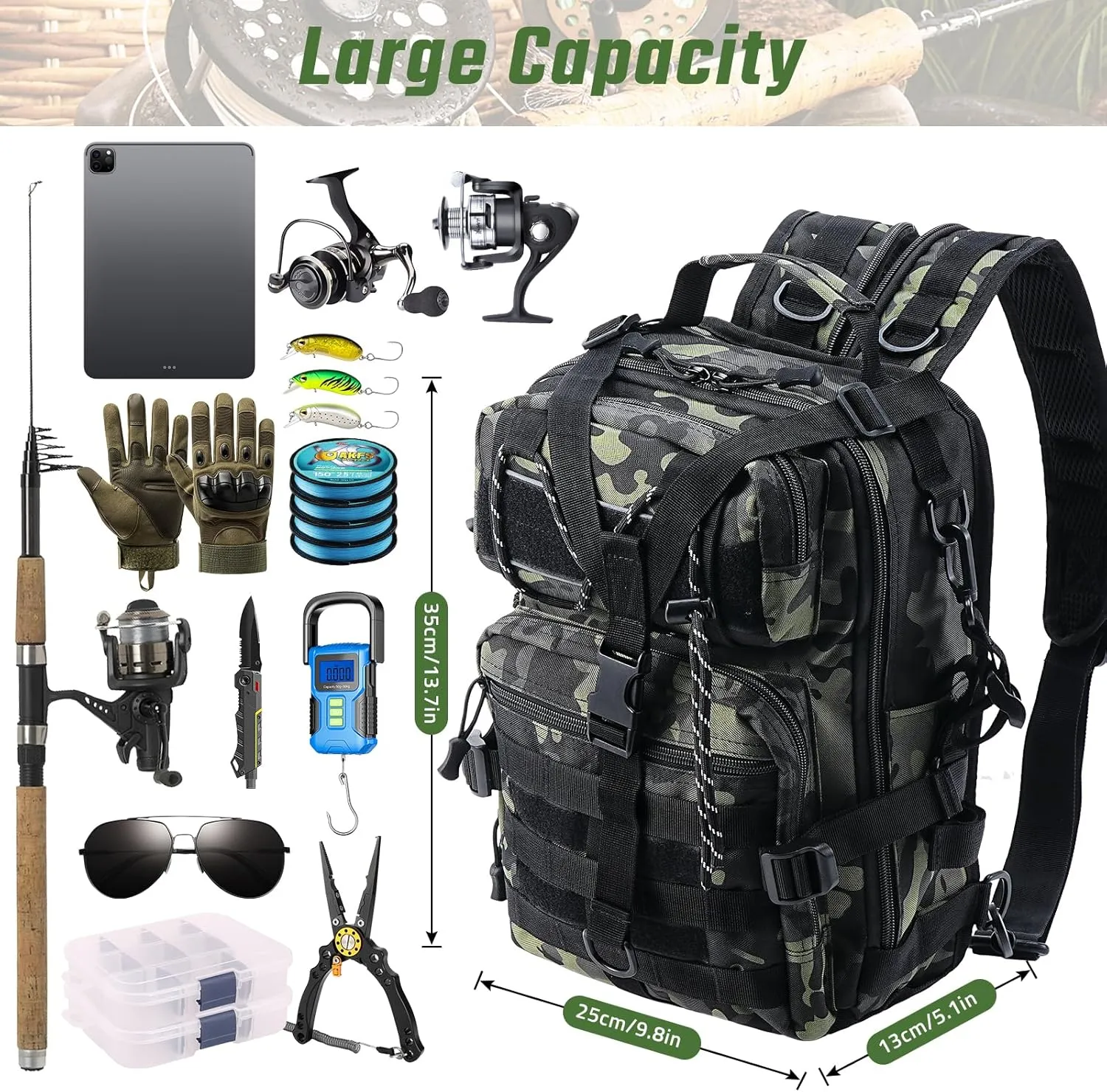 Fishing Tackle Backpack, Military Tactical Backpack Tactical Sling Pouch Fishing Tackle Storage Bag Fish Gear Bag Molle Assault Pack Tactical Hiking Rucksack (Green)