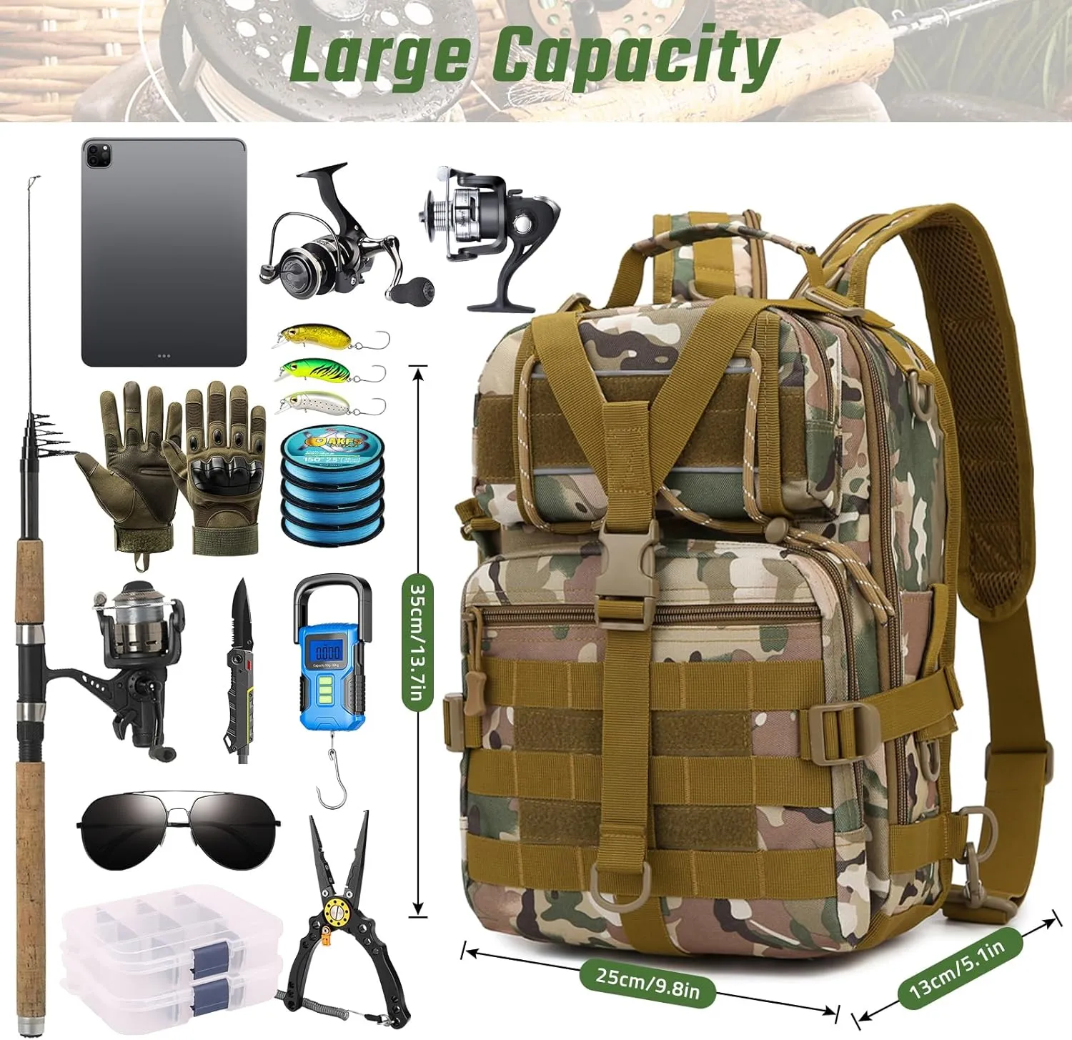 Fishing Tackle Backpack, Military Tactical Backpack Tactical Sling Pouch Fishing Tackle Storage Bag Fish Gear Bag Molle Assault Pack Tactical Hiking Rucksack (Yellow)