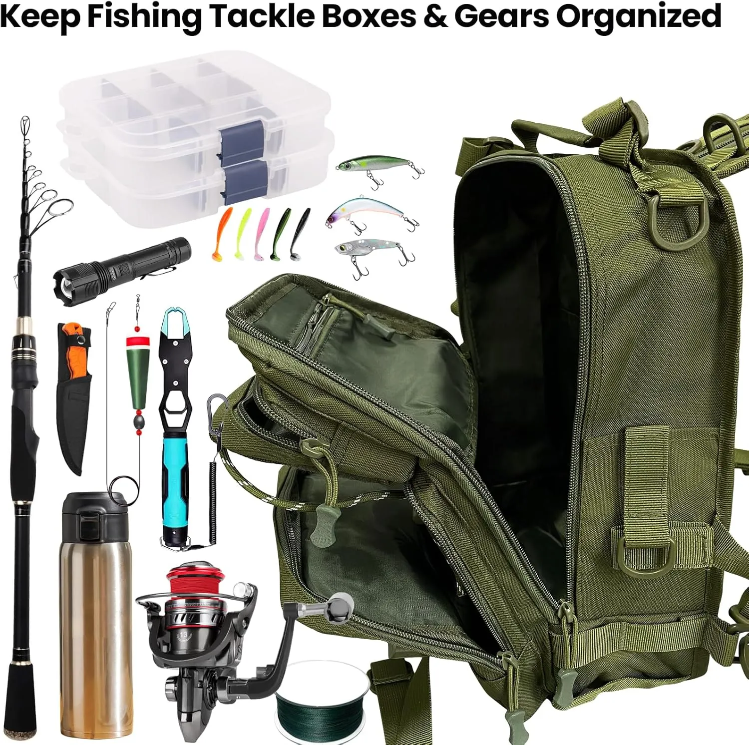 Fishing Tackle Backpack with Rod Holder, Waterproof Military Tactical Backpack Fishing Gear Bag Shoulder Storage Sling Bag for Outdoor Fish (Green)
