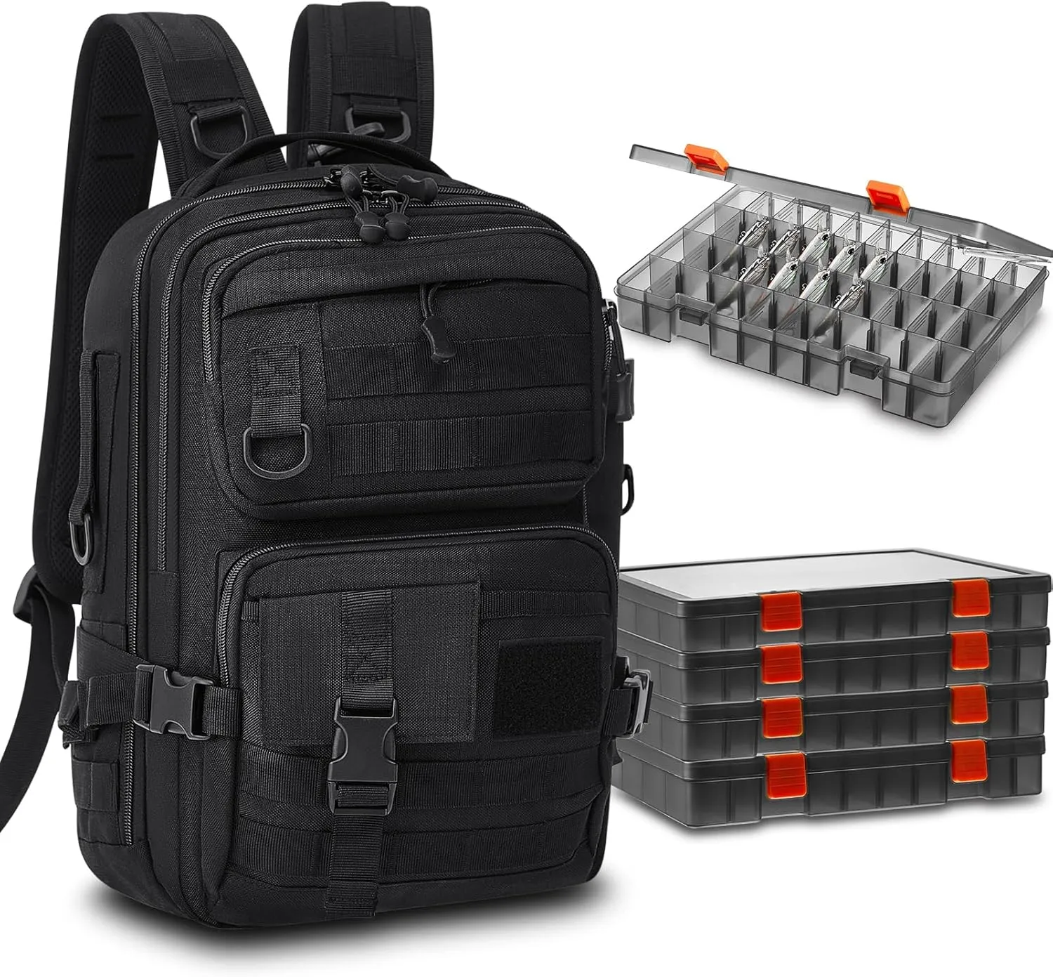 Fishing Tackle Backpack with Rod Holders and 4 Tackle Boxes Large Storage Fishing Bags Water Resistant Tackle Bag for Camping Hiking Travel Gear and Equipment(Black,Shoulder Bag)
