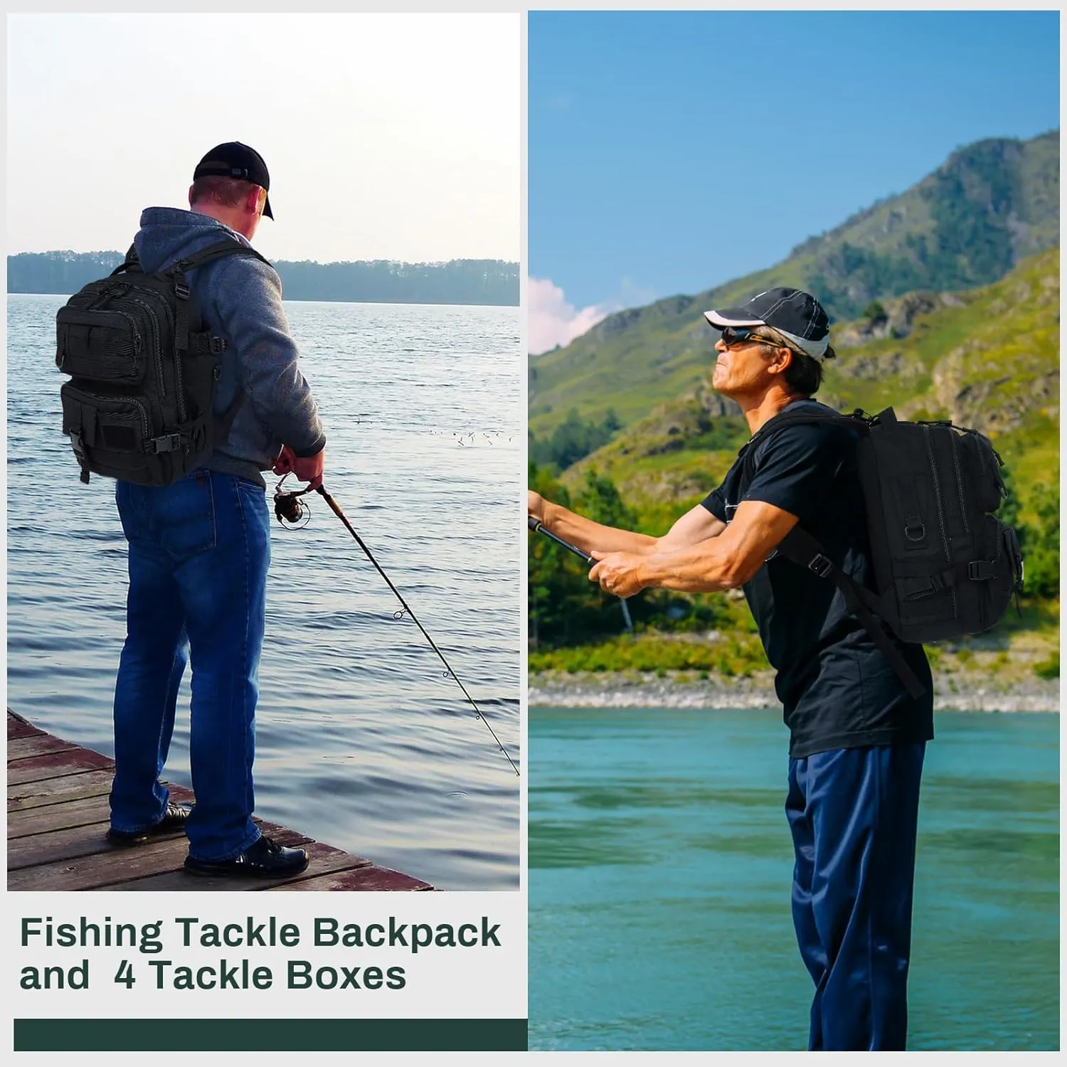 Fishing Tackle Backpack with Rod Holders and 4 Tackle Boxes Large Storage Fishing Bags Water Resistant Tackle Bag for Camping Hiking Travel Gear and Equipment(Black,Shoulder Bag)