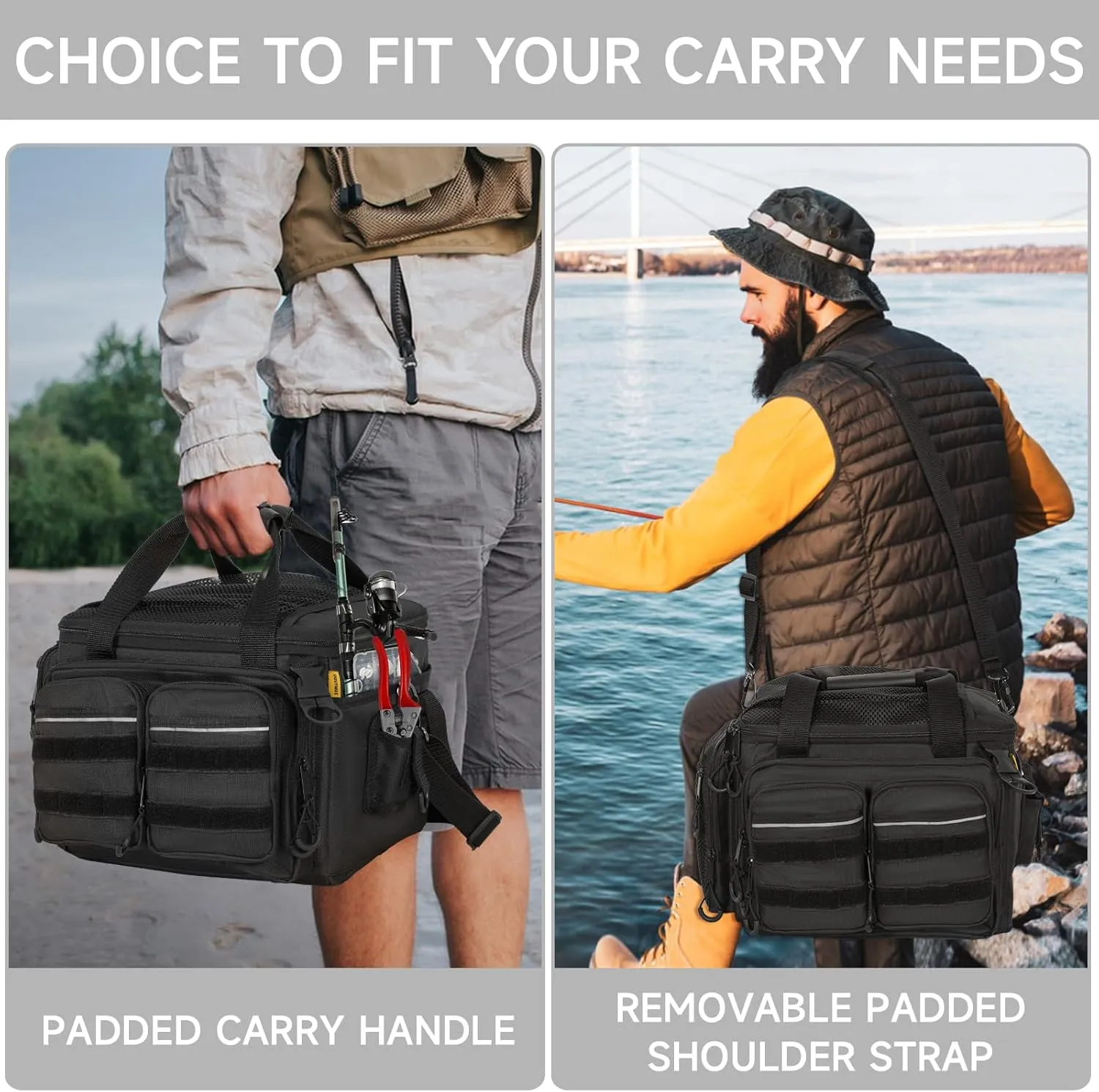 Fishing Tackle Bag, 600D Water-Resistant Soft Tackle Box Case, Fishing Gear Storage Bag for Saltwater or Freshwater Fishing Gear, Waterproof Bottom