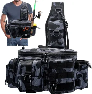 Fishing Tackle Bag Sling Shoulder Backpack with Rod & Gear Holder, Multi-functional Crossbody Storage Bag Waterproof Fishing Bag for Fly Fishing, Outdoor Sports