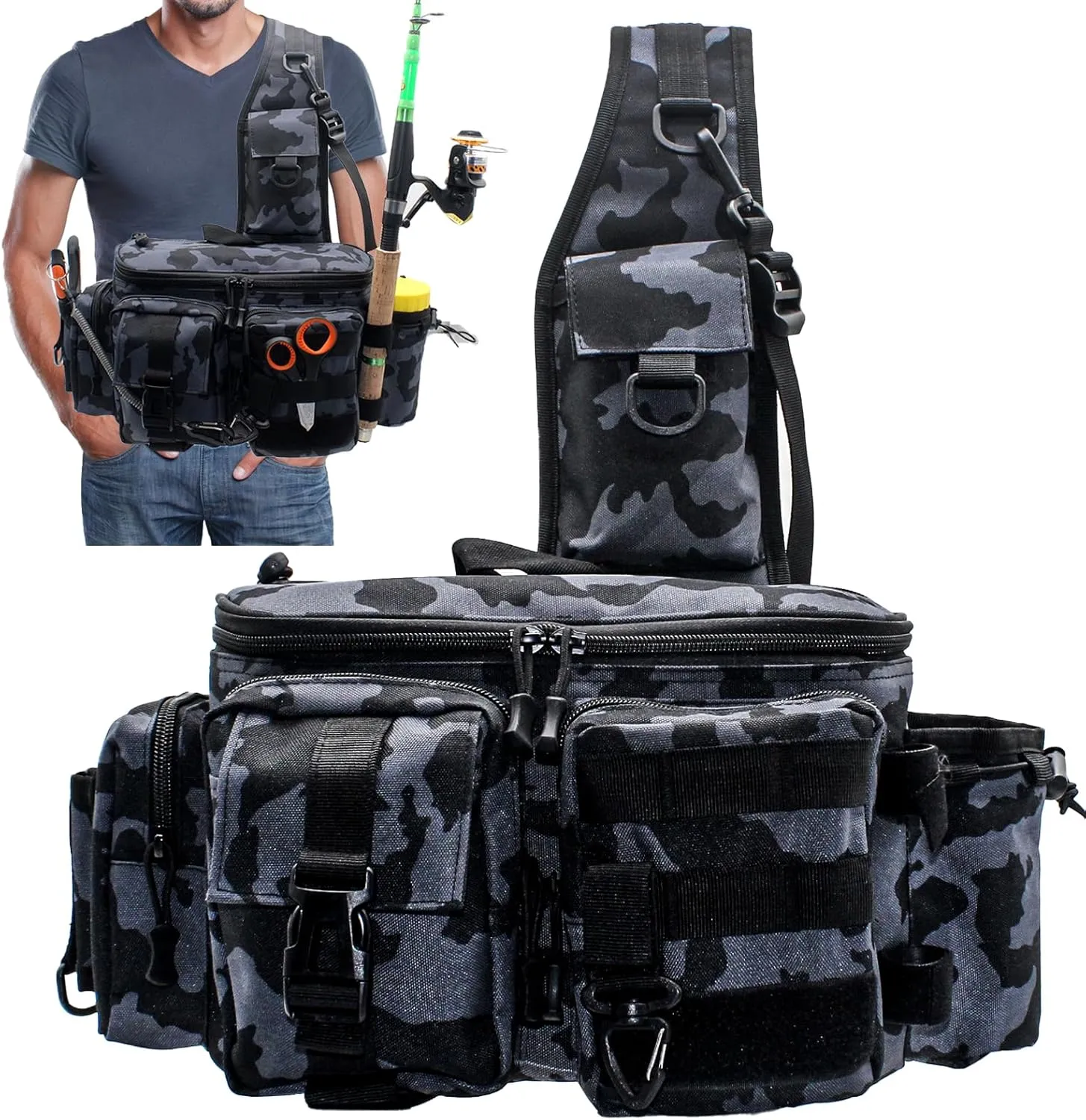 Fishing Tackle Bag Sling Shoulder Backpack with Rod & Gear Holder, Multi-functional Crossbody Storage Bag Waterproof Fishing Bag for Fly Fishing, Outdoor Sports