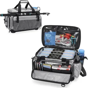 Fishing Tackle Bag with Hard EVA Base for 3700/3600/3500 Tackle Box, Freshwater & Saltwater Fishing Storage Bag, Tackle Box Storage Case with Rod Holder, Pliers Storage