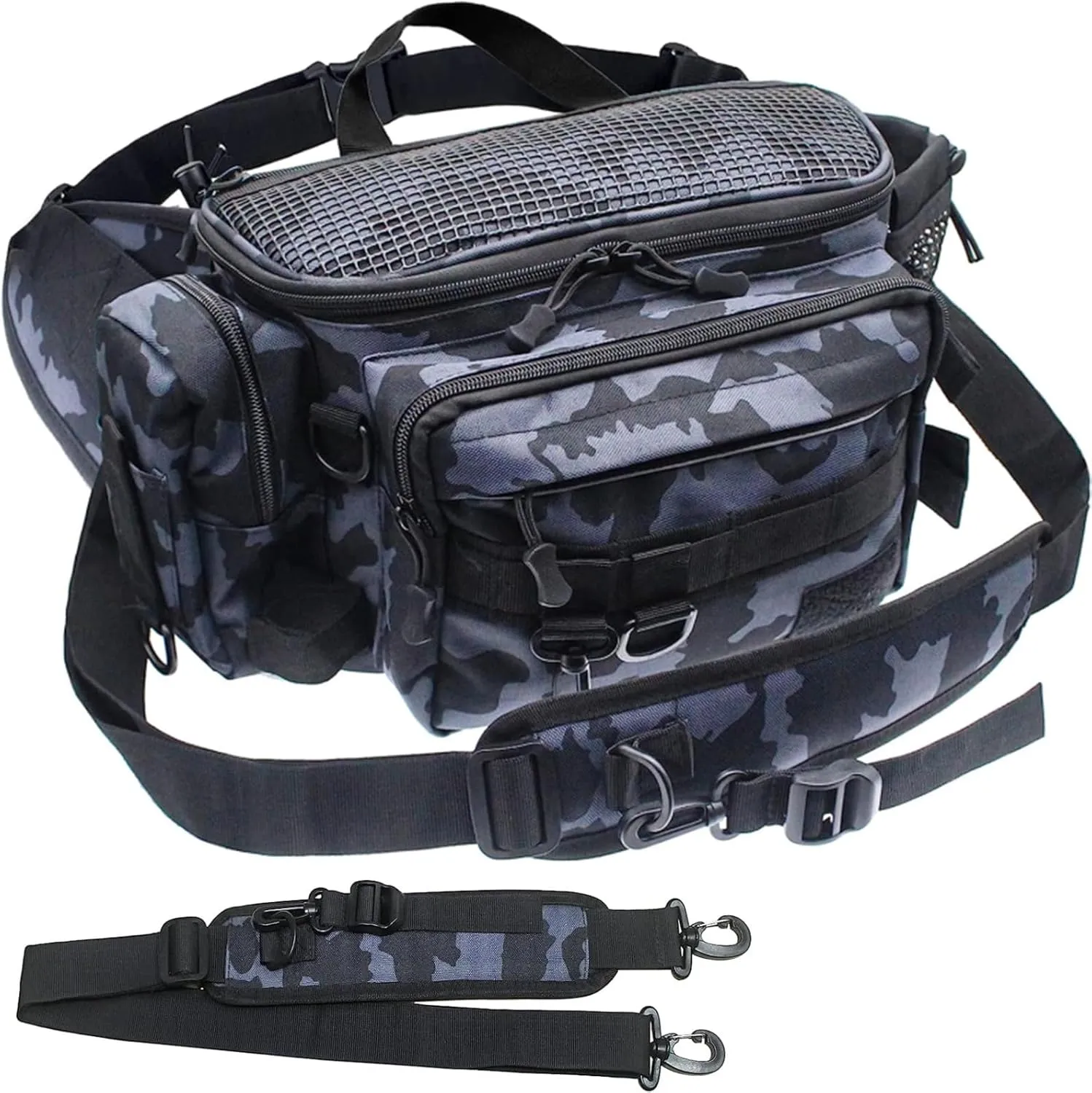 Fishing Tackle Bag with Rod & Gear Holder, Waterproof Large Storage Bag Tackle Box Organizer with Detachable Shoulder Strap, Outdoor Sport Fishing Gear Bag for Fishing, Hiking, Hunting