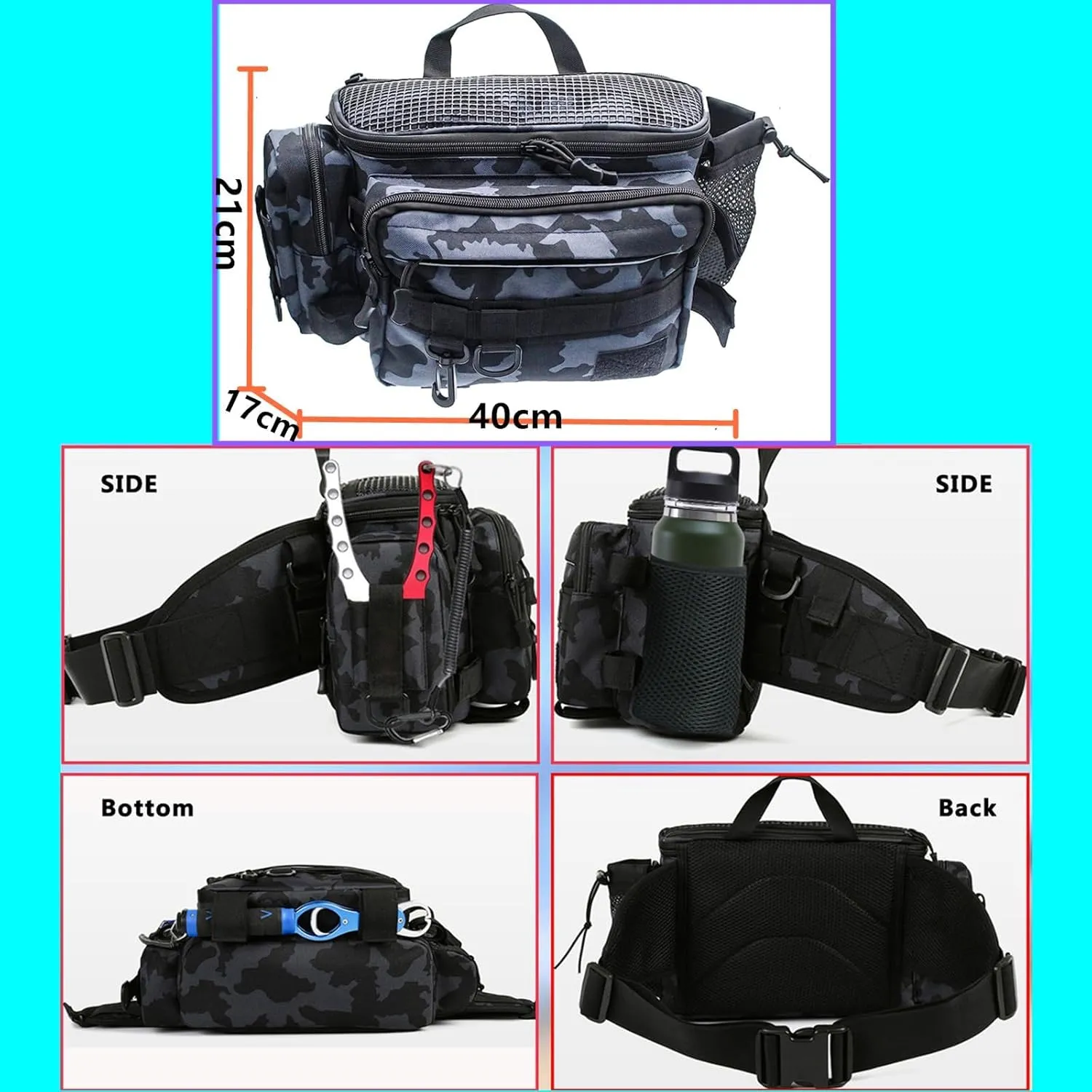 Fishing Tackle Bag with Rod & Gear Holder, Waterproof Large Storage Bag Tackle Box Organizer with Detachable Shoulder Strap, Outdoor Sport Fishing Gear Bag for Fishing, Hiking, Hunting