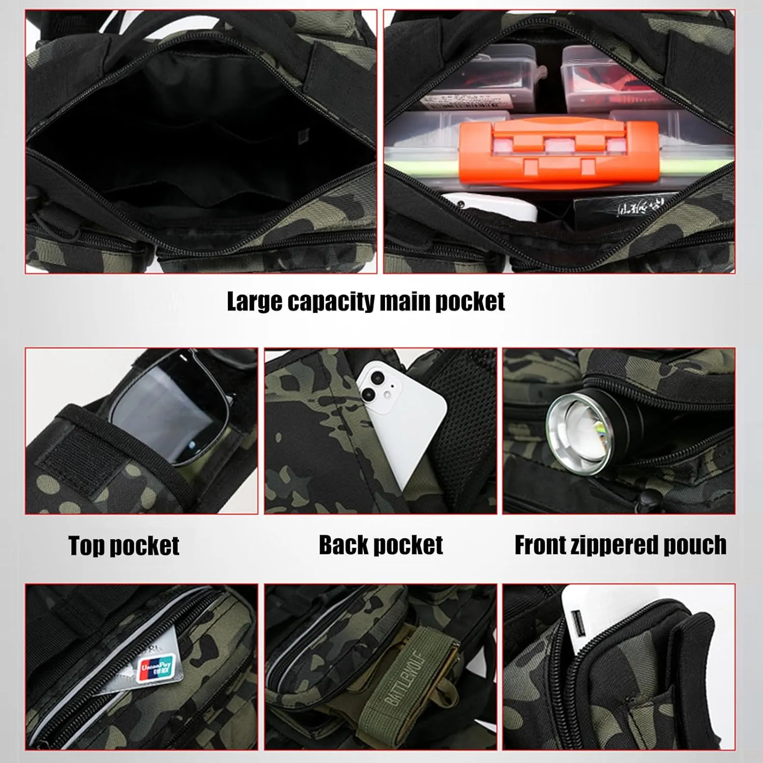 Fishing Tackle Storage Bag Fly Fishing Gear Pack Backpack for Men and Women Sling Bag Shoulder Cross Body Fishing Bag with Rod Holder Hiking Waterproof Nylon (Black)