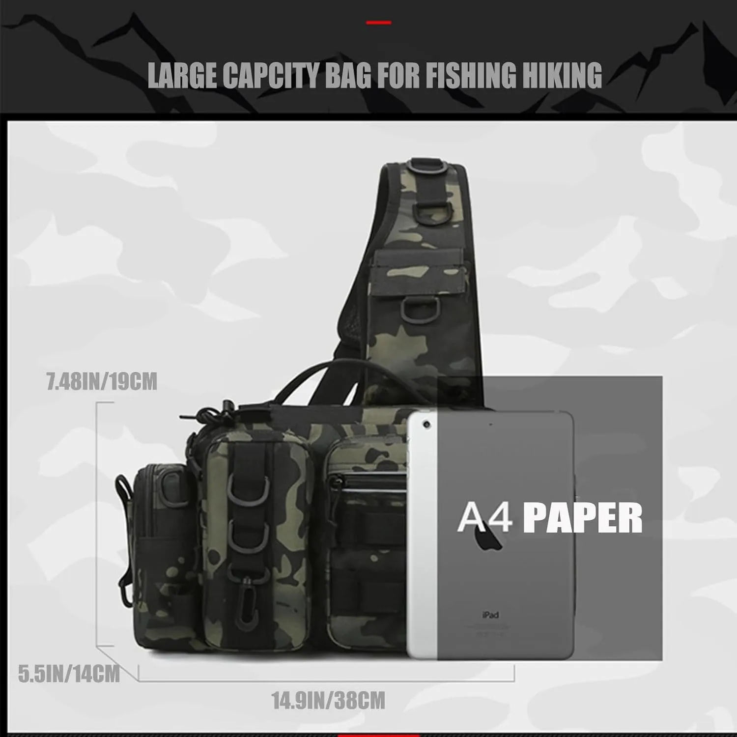 Fishing Tackle Storage Bag Fly Fishing Gear Pack Backpack for Men and Women Sling Bag Shoulder Cross Body Fishing Bag with Rod Holder Hiking Waterproof Nylon (Black)