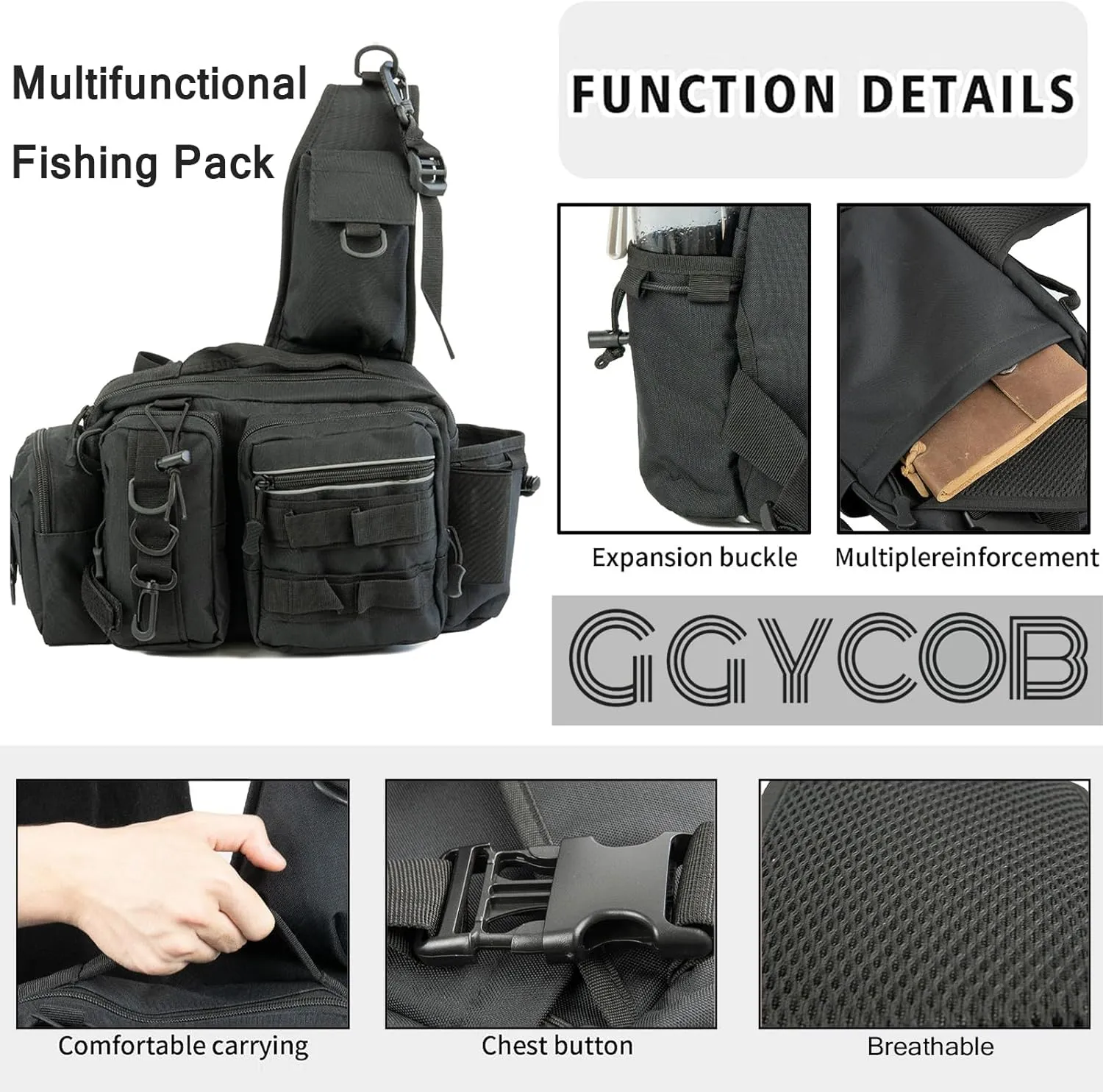 Fishing Tackle Storage Bag Fly Fishing Gear Pack Backpack for Men and Women Sling Bag Shoulder Cross Body Fishing Bag with Rod Holder Hiking Waterproof Nylon (Black)