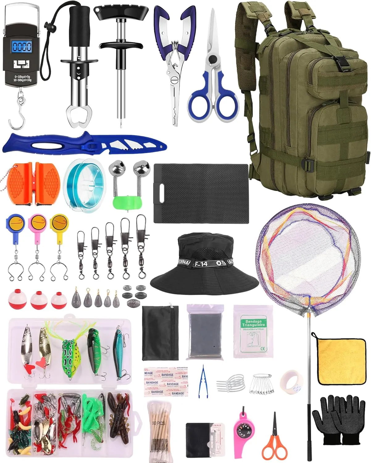 Fishing Tool Kit - 112pcs Fishing Gear & Equipment, Fish Pliers, Hook Remover, Scale, Scissors, Lip Gripper, Lures