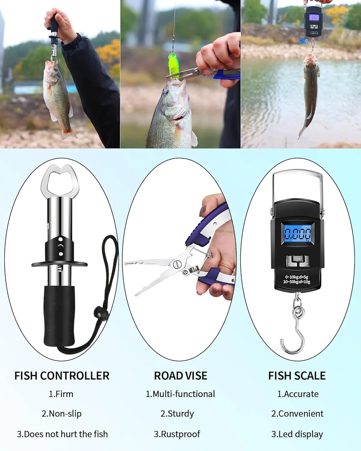 Fishing Tool Kit - 112pcs Fishing Gear & Equipment, Fish Pliers, Hook Remover, Scale, Scissors, Lip Gripper, Lures