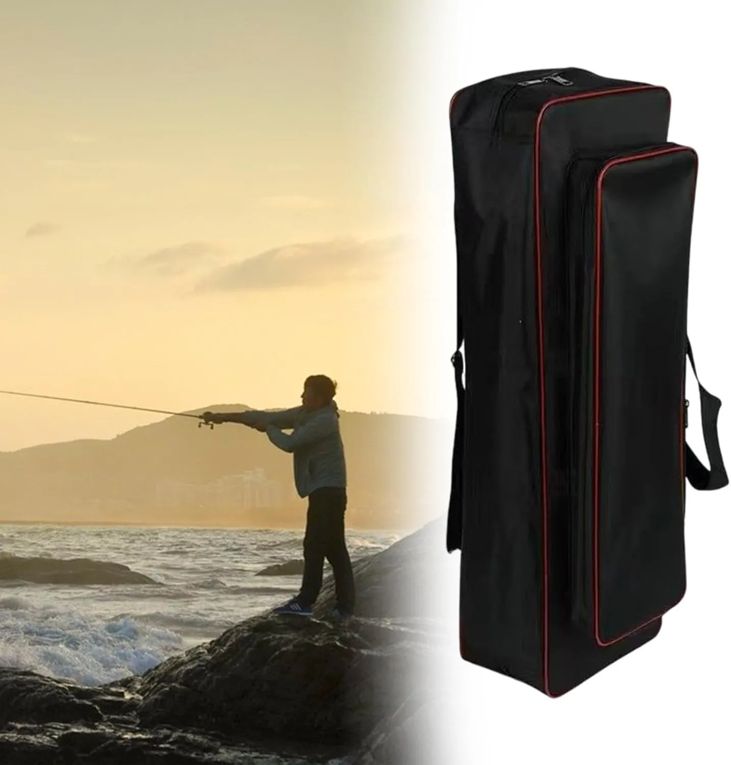 Fishing Tools Bag Fishing Rod Case Adjustable Shoulder Strap Large Capacity Rod Carrier Shoulders Bag for Ice Fishing Travel, Black, 65cm