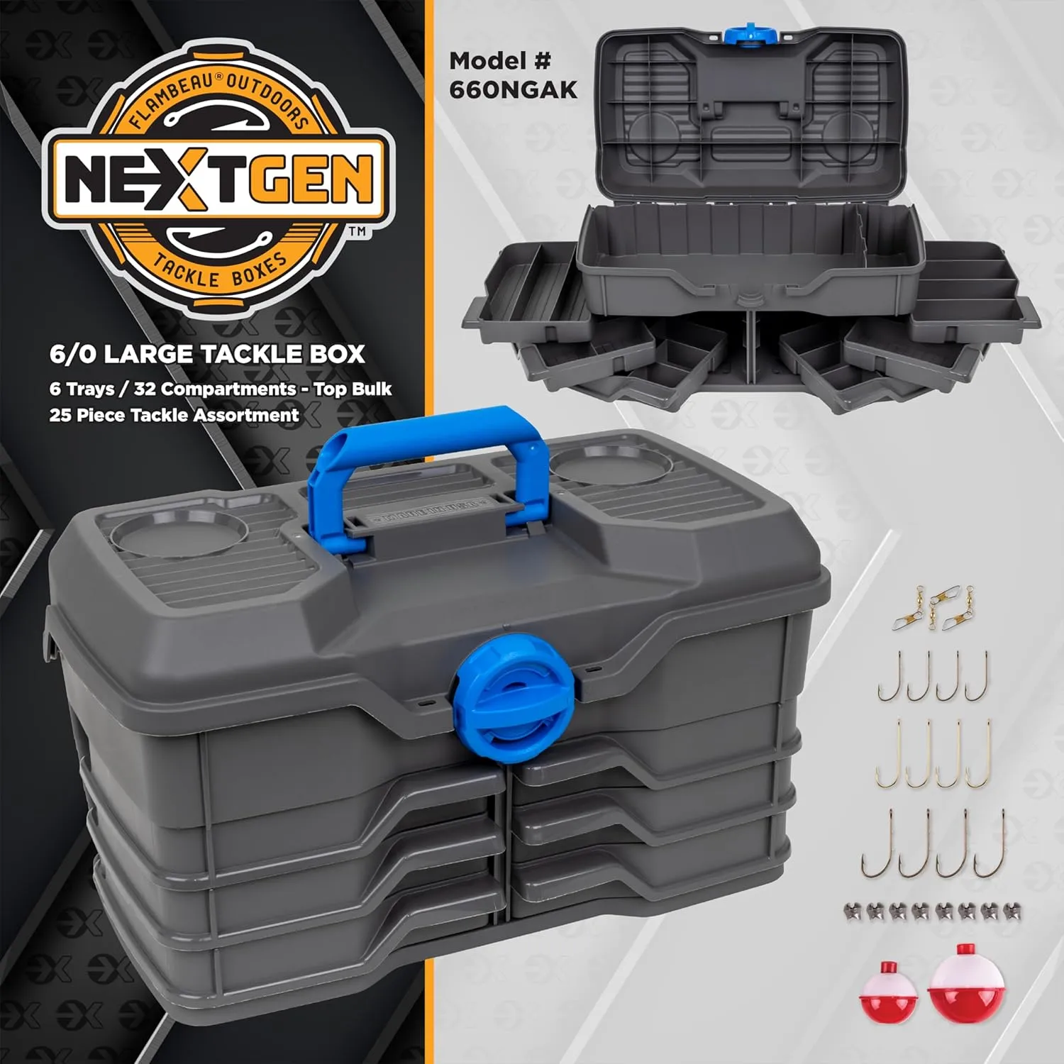 Flambeau Outdoors Next Gen 6/0 Large Fishing Tackle Box - 6 Pivot Trays, 32 Compartments, Includes 25-piece Tackle Kit, Fishing Tackle and Gear Storage, Fishing Lure Organizer, Dark Gray