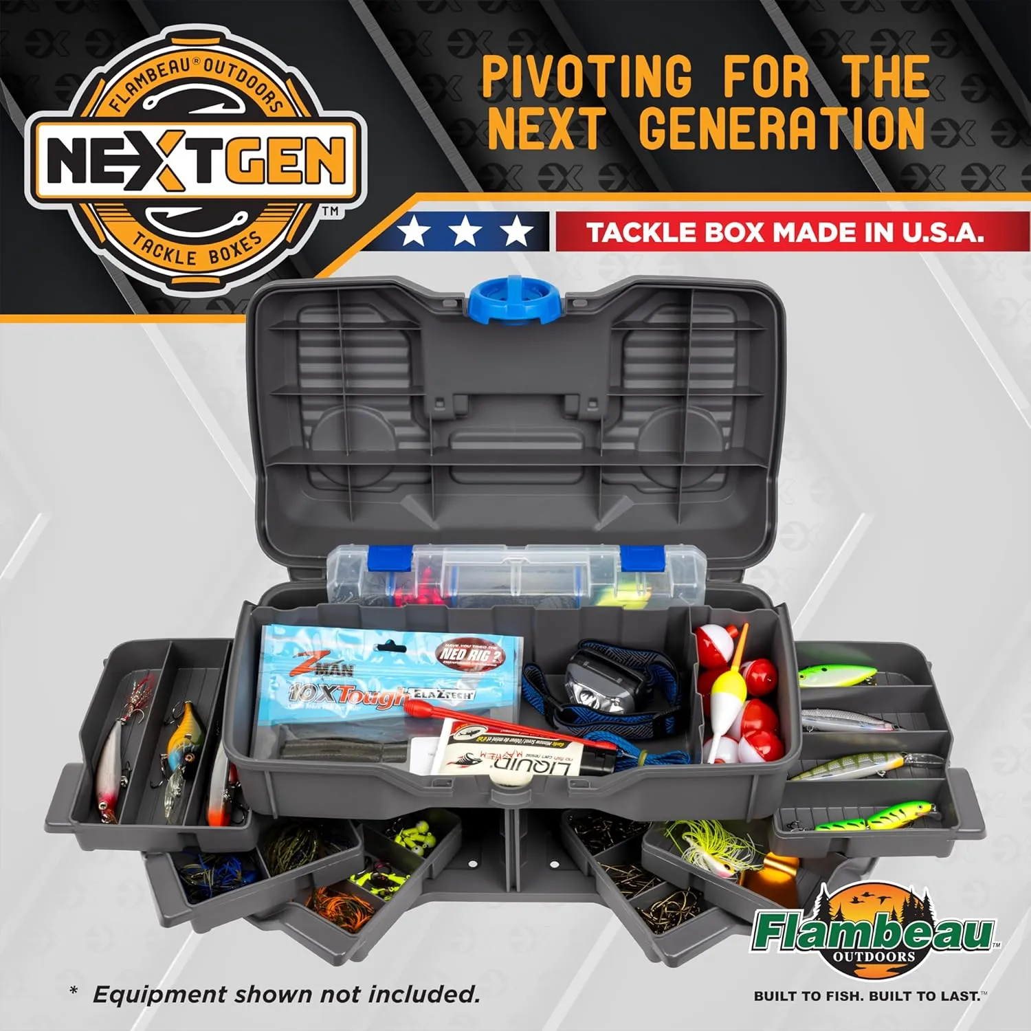 Flambeau Outdoors Next Gen 6/0 Large Fishing Tackle Box - 6 Pivot Trays, 32 Compartments, Includes 25-piece Tackle Kit, Fishing Tackle and Gear Storage, Fishing Lure Organizer, Dark Gray