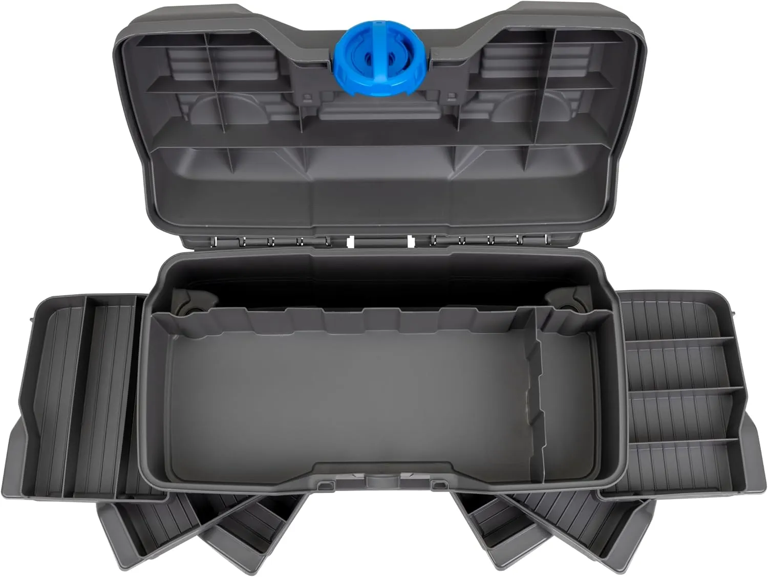 Flambeau Outdoors Next Gen 6/0 Large Fishing Tackle Box - 6 Pivot Trays, 32 Compartments, Includes 25-piece Tackle Kit, Fishing Tackle and Gear Storage, Fishing Lure Organizer, Dark Gray