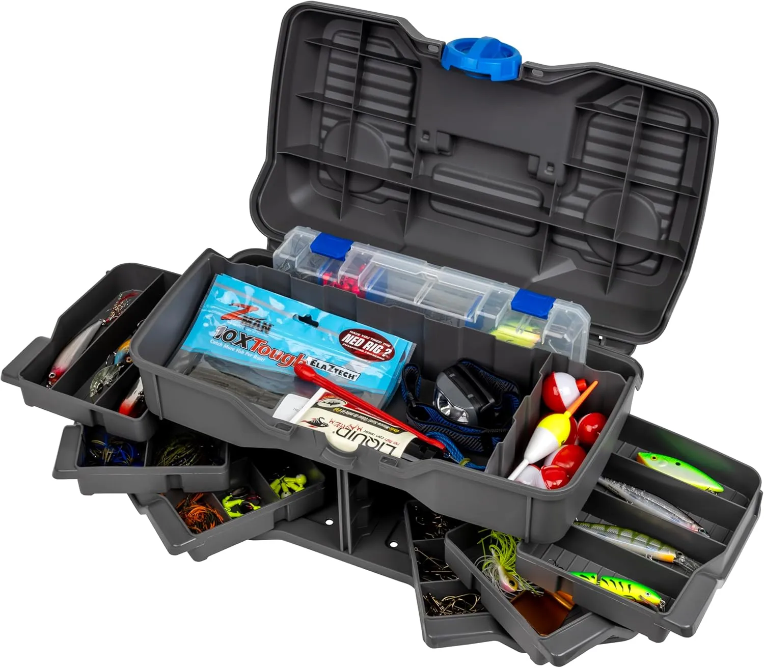 Flambeau Outdoors Next Gen 6/0 Large Fishing Tackle Box - 6 Pivot Trays, 32 Compartments, Includes 25-piece Tackle Kit, Fishing Tackle and Gear Storage, Fishing Lure Organizer, Dark Gray
