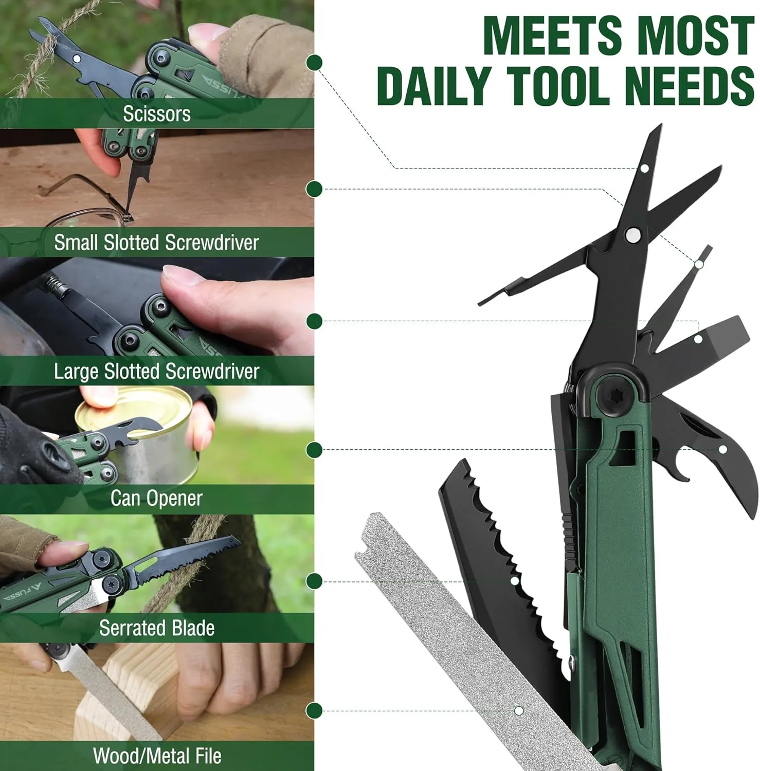 FLISSA Multitool, 15-in-1 Multi Tool Pocket Knife with Sheath, Stainless Steel EDC Multitool Pliers for Men, All-in-One Tools for Camping, Fishing, Survival