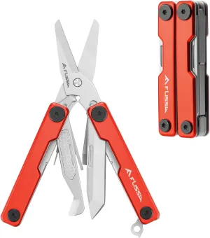 FLISSA Multitool Scissors, 11-in-1 Multi Tool Pocket Knife, Stainless Steel Mini Multitool with Bottle Opener, Screwdriver, Aluminum Handles, Spring - EDC for Outdoor, Camping, Hiking, Fishing, Red