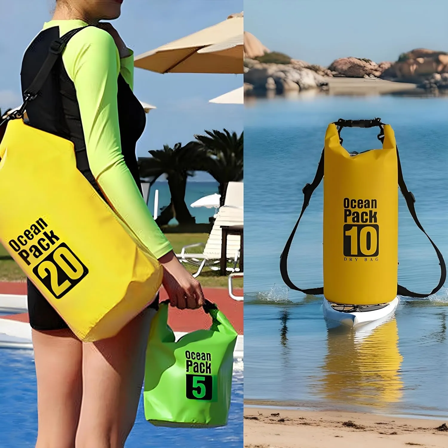 Floating Waterproof Dry Bag Backpack 5L/10L/20L, Roll Top Bag for Kayaking, Rafting, Boating, Swimming, Camping, Hiking, Beach, Fishing, Waterproof Beach Bag. (Yellow, 10L)