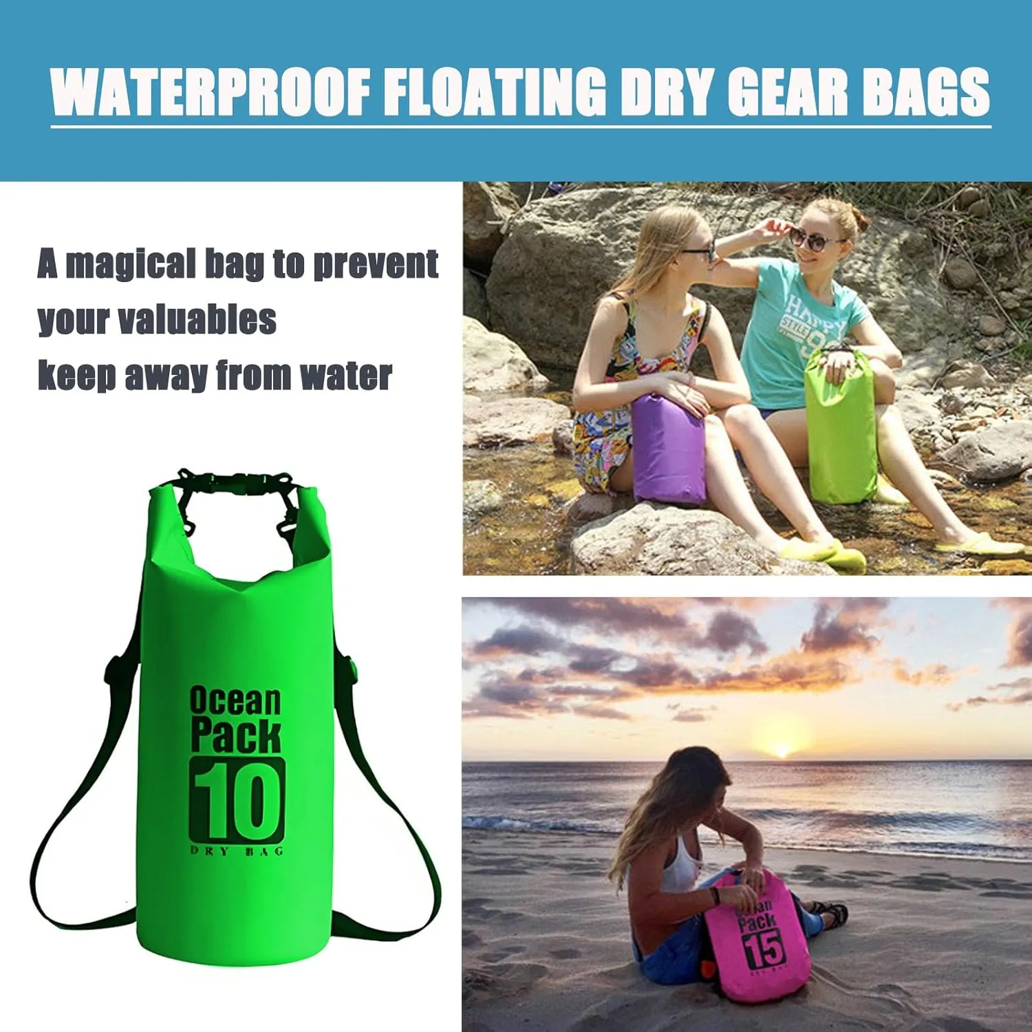 Floating Waterproof Dry Bag Backpack 5L/10L/20L, Roll Top Bag for Kayaking, Rafting, Boating, Swimming, Camping, Hiking, Beach, Fishing, Waterproof Beach Bag. (Yellow, 10L)