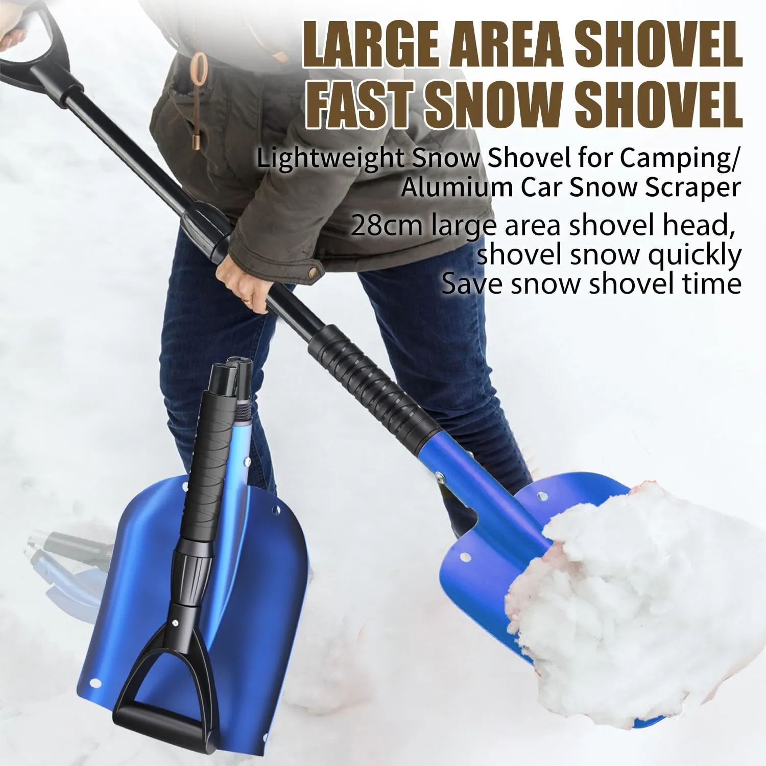 Folding Emergency Snow Shovel for Vehicle - 40" Snow Shovel with Comfortable D-Grip Handle for Car Trunk (Blue-New)