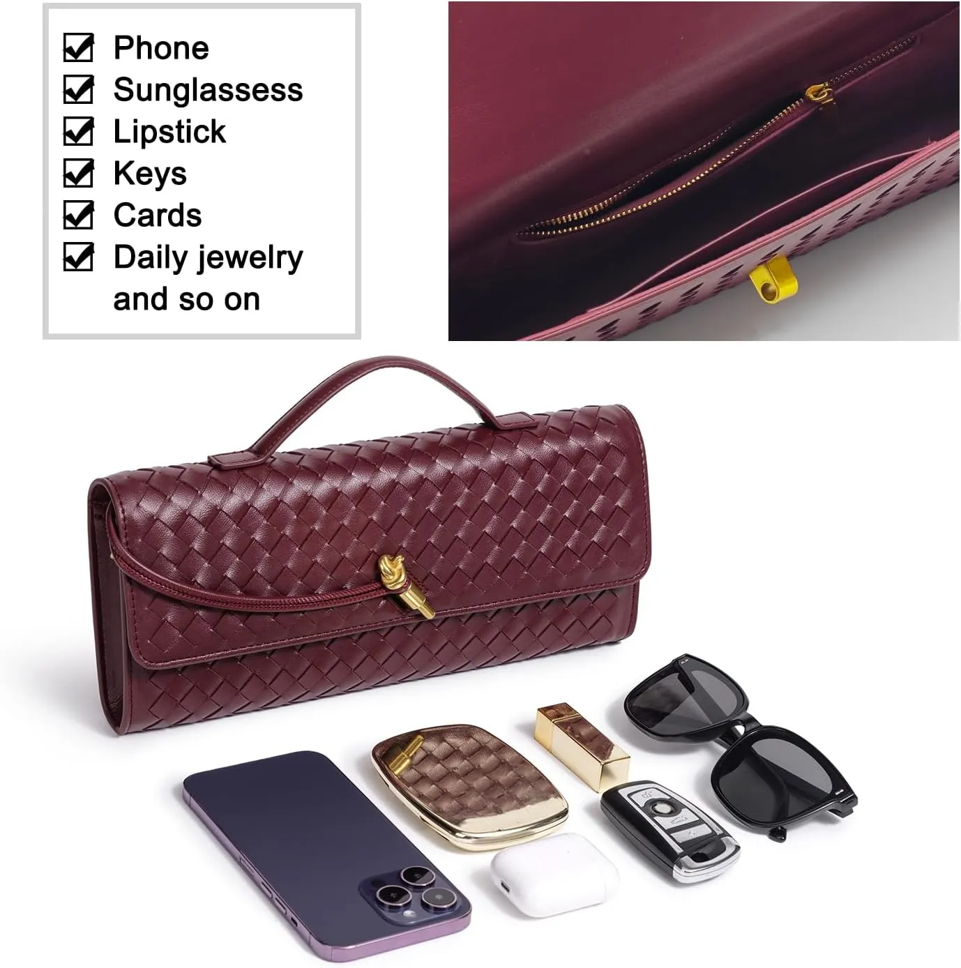 Formal Clutch Purses for Women Evening Woven Leather Large Clutch for Weddings & Parties | Convertible Shoulder Bag