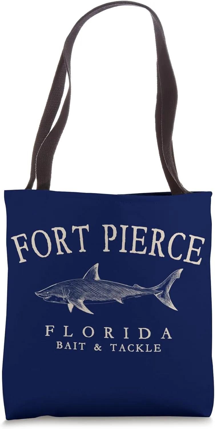 Fort Pierce Florida Shark Retro Arched Antique White Letters Tote Bag