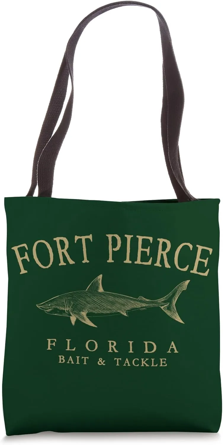 Fort Pierce Florida Shark Vintage Arched Tan Letters Tote Bag