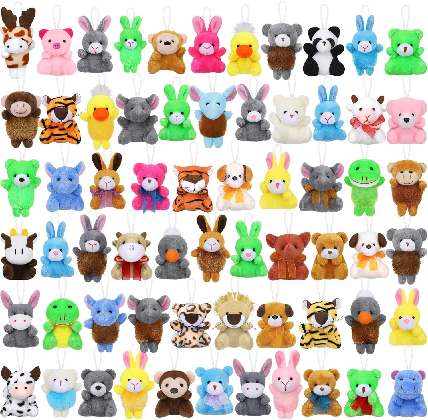 Fovths 64 Pieces Mini Plush Animals Toys Set Cute Small Stuffed Animal Keychain Jungle Animal Decor Goodie Bag Basket Fillers for Birthday Christmas Party