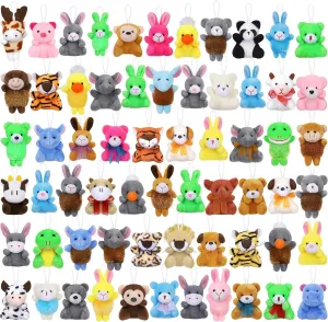 Fovths 64 Pieces Mini Plush Animals Toys Set Cute Small Stuffed Animal Keychain Jungle Animal Decor Goodie Bag Basket Fillers for Birthday Christmas Party