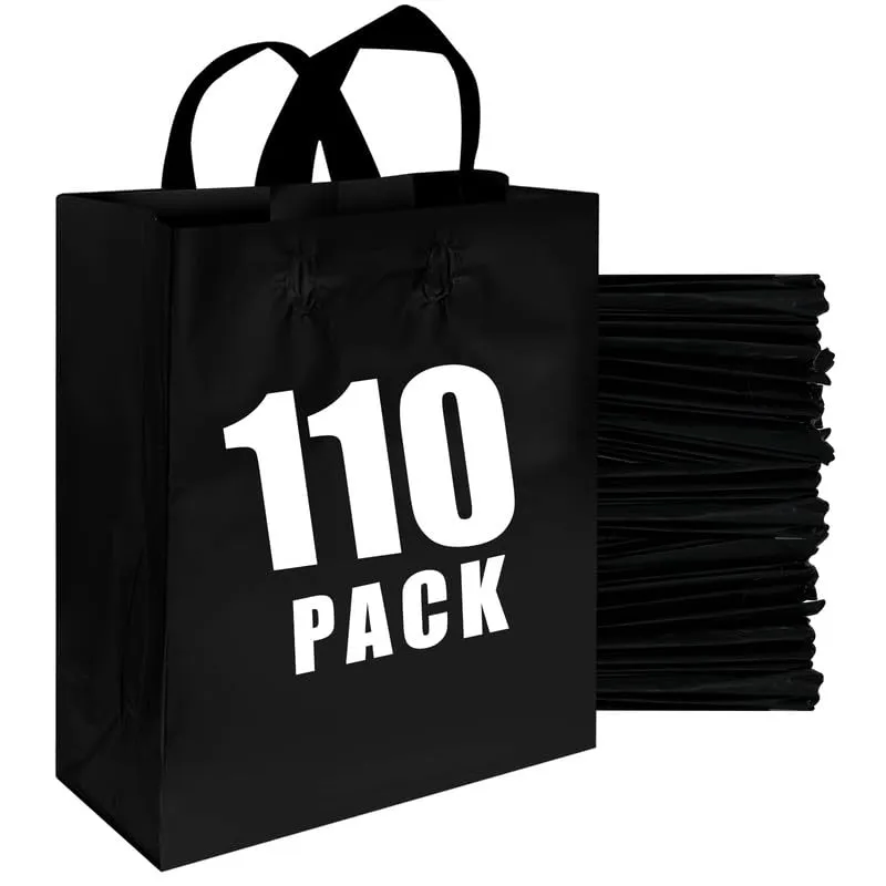 Frosted Gift Bags - Black, 110 Pack with Handles & Cardboard Bottom, 25LB Thickened Boutique Bags for Small Business, Shopping, Retail Stores, Gifts (10x5x13 Inch)