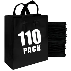 Frosted Gift Bags - Black, 110 Pack with Handles & Cardboard Bottom, 25LB Thickened Boutique Bags for Small Business, Shopping, Retail Stores, Gifts (10x5x13 Inch)