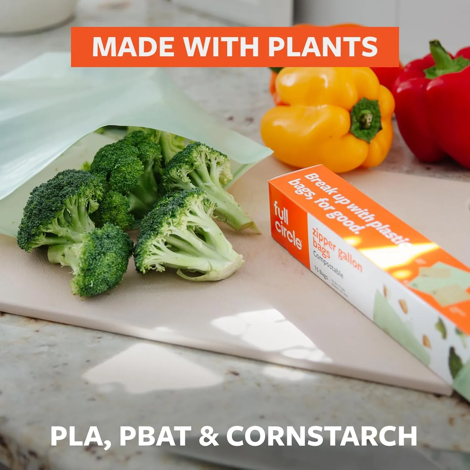 Full Circle Compostable Bags – Gallon Size, 60ct, 4 Boxes of 15 – Plant-Based, Leak-Resistant, Resealable Gallon Bags