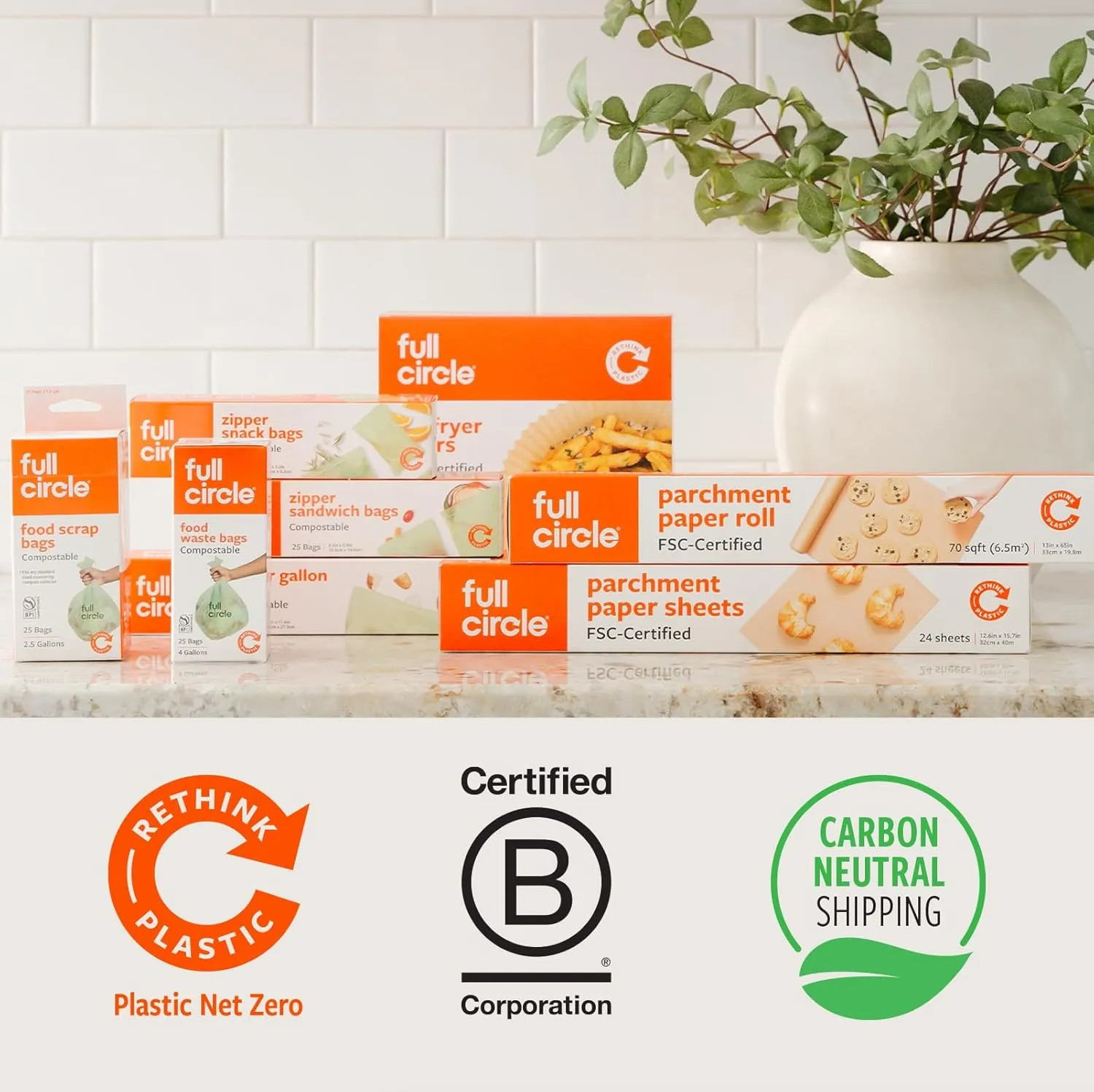 Full Circle Compostable Bags – Gallon Size, 60ct, 4 Boxes of 15 – Plant-Based, Leak-Resistant, Resealable Gallon Bags