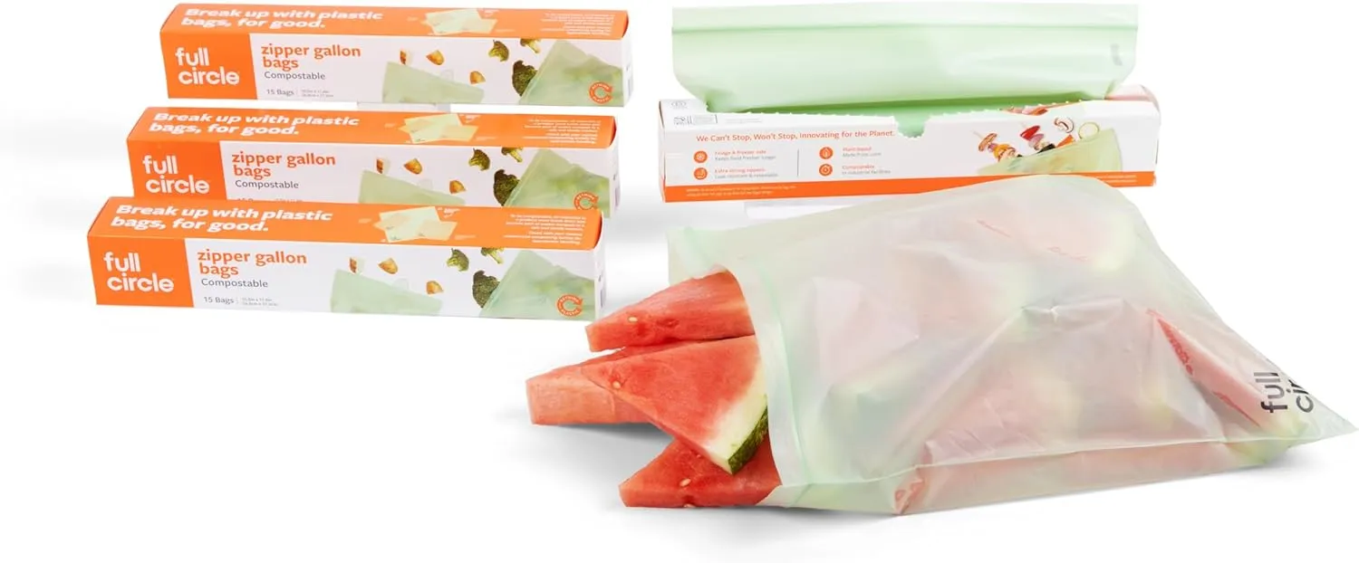 Full Circle Compostable Bags – Gallon Size, 60ct, 4 Boxes of 15 – Plant-Based, Leak-Resistant, Resealable Gallon Bags