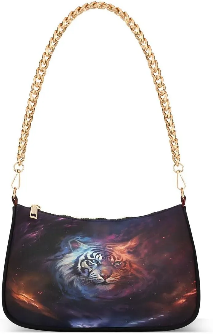 Galaxy Nebula Space Tiger Tote Bag Hobo Handbag for Women Ladies Shoulder Bag Mini Clutch Purse with Zipper Closure