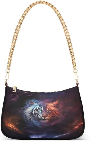 Galaxy Nebula Space Tiger Tote Bag Hobo Handbag for Women Ladies Shoulder Bag Mini Clutch Purse with Zipper Closure
