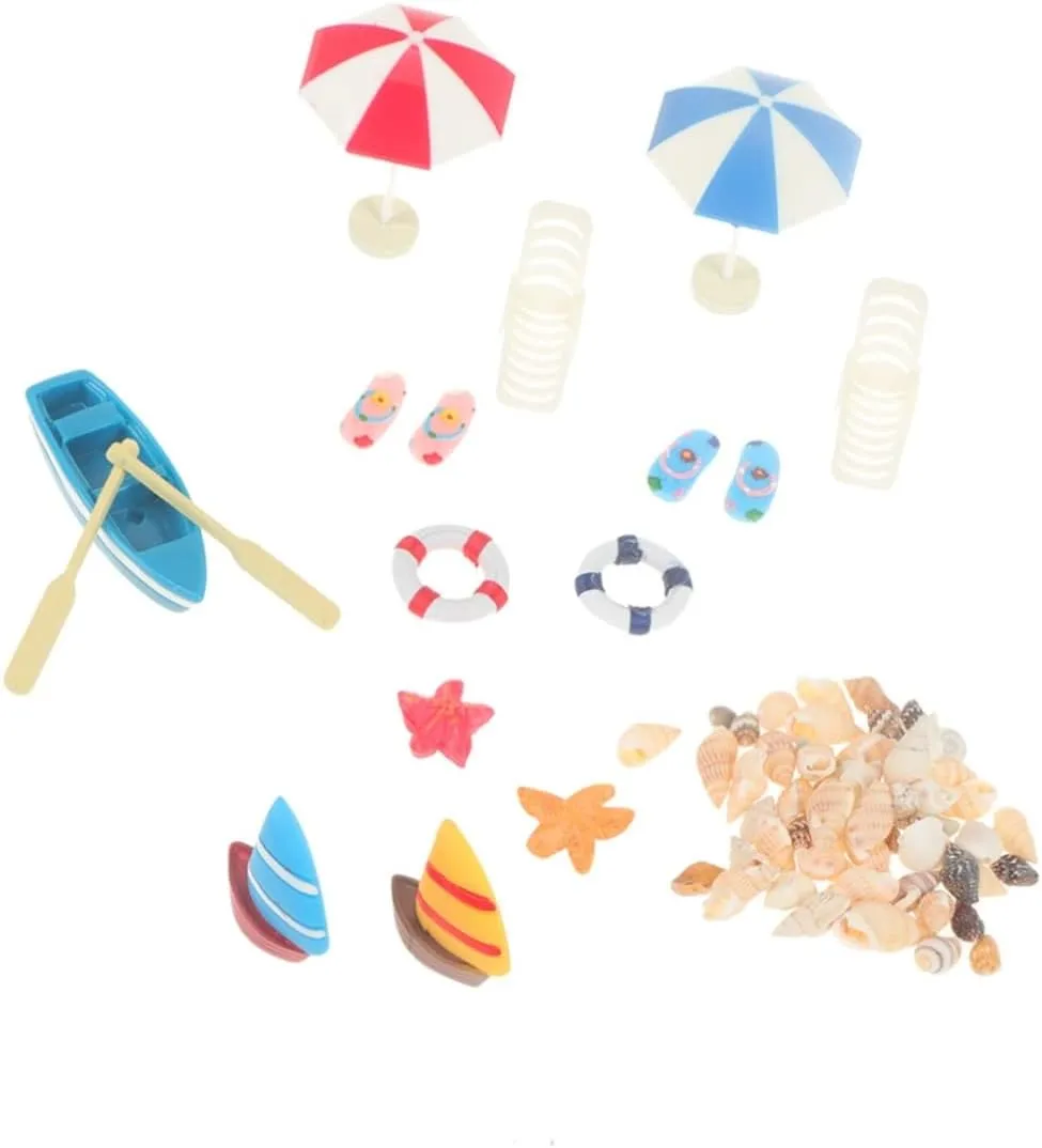 GALPADA 3 Sets Miniature Beach Adornments Resin Boat Umbrella Slippers for Sandbox Decor Fun Mini Beach House Accessories for Imaginative Play