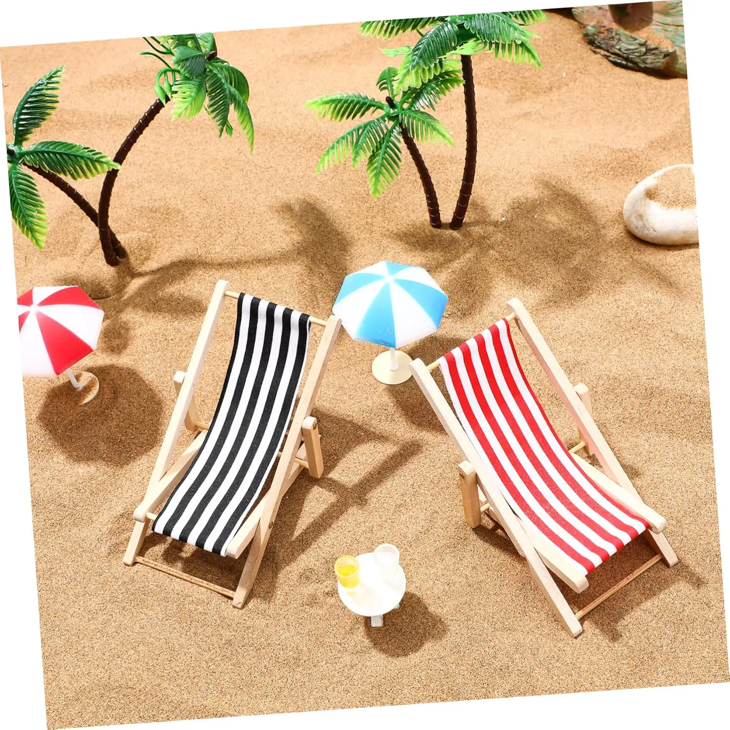 GALPADA Mini Beach Dollhouse Set Palm Trees Parasols Deckchairs Beverages Round Table Craft for Fairy Garden Beach Decor Premium Quality Micro Landscape Accessories