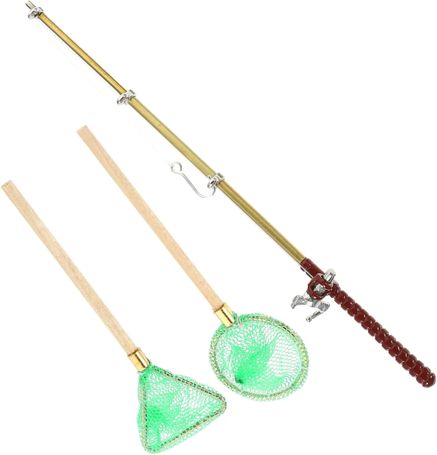 Garneck 1set Miniature Fishing Rod and Net Decorative Models for Dollhouses Fairy Gardens and Miniature Scenes Toy Accessory for Boys and Girls and Collectors