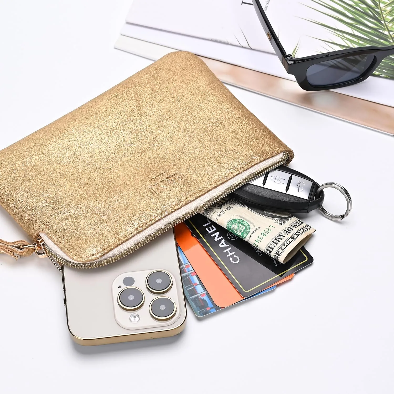 Genuine Leather 4.5 x 6.5 Wristlet Purse for Women, Evening Wristlet Pouch Clutch Bag