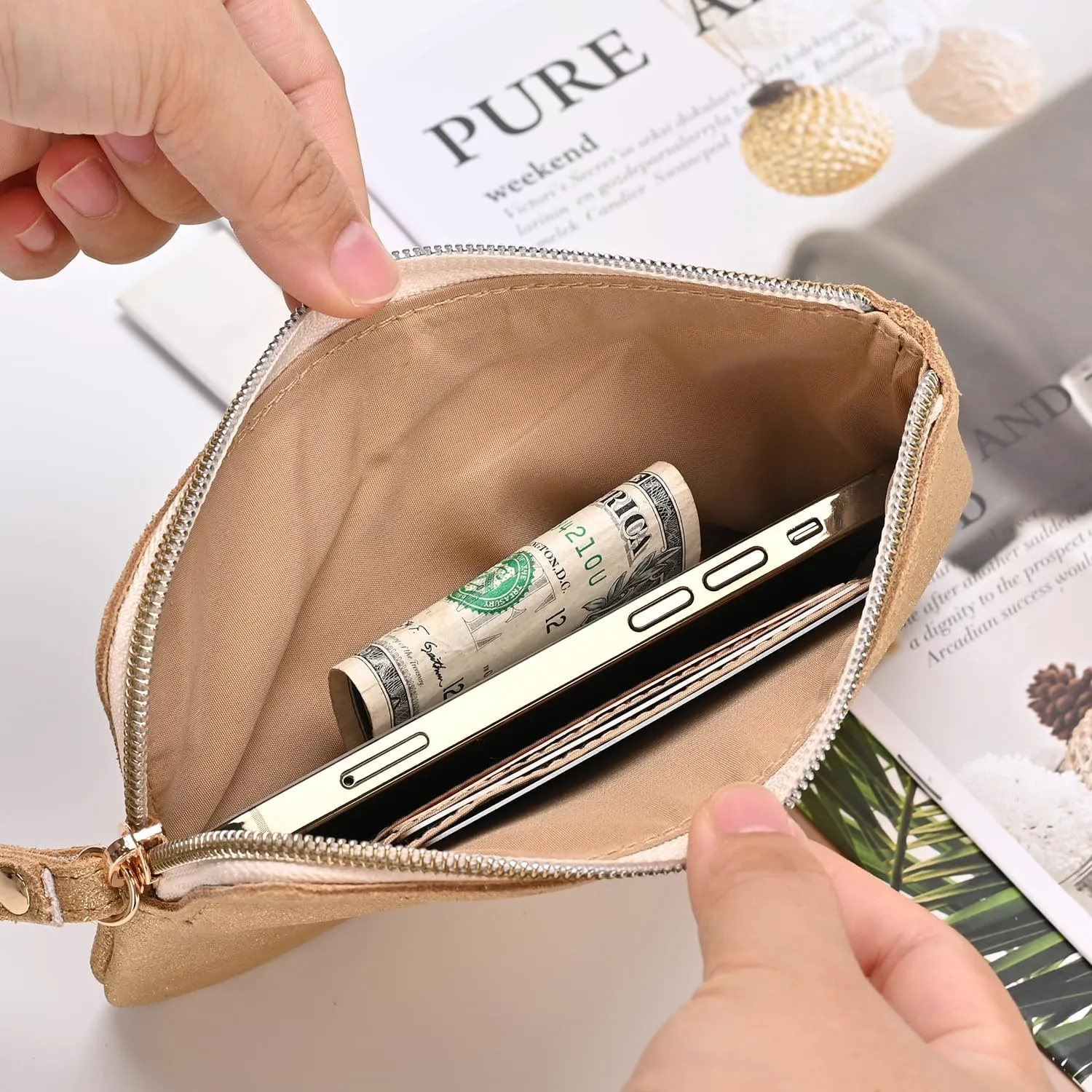 Genuine Leather 4.5 x 6.5 Wristlet Purse for Women, Evening Wristlet Pouch Clutch Bag