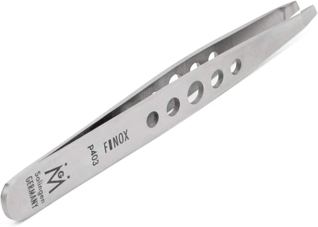 GERMANIKURE Professional Perforated Slanted Tweezers - FINOX Stainless Steel Sharp in Leather Case - Ethically Made in Solingen, Germany - 4403