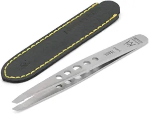 GERMANIKURE Professional Perforated Slanted Tweezers - FINOX Stainless Steel Sharp in Leather Case - Ethically Made in Solingen, Germany - 4403