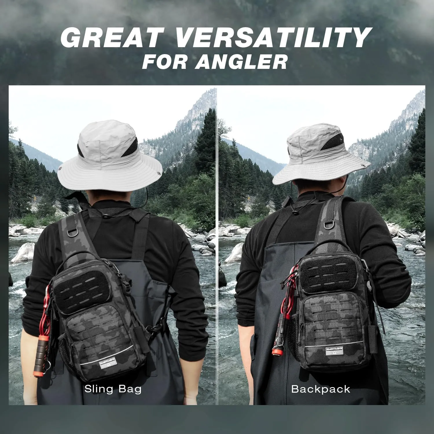 Ghosthorn Fishing Backpack with Rod Holder - Tackle Sling Bag - Fly Fishing Gifts for Men and Women