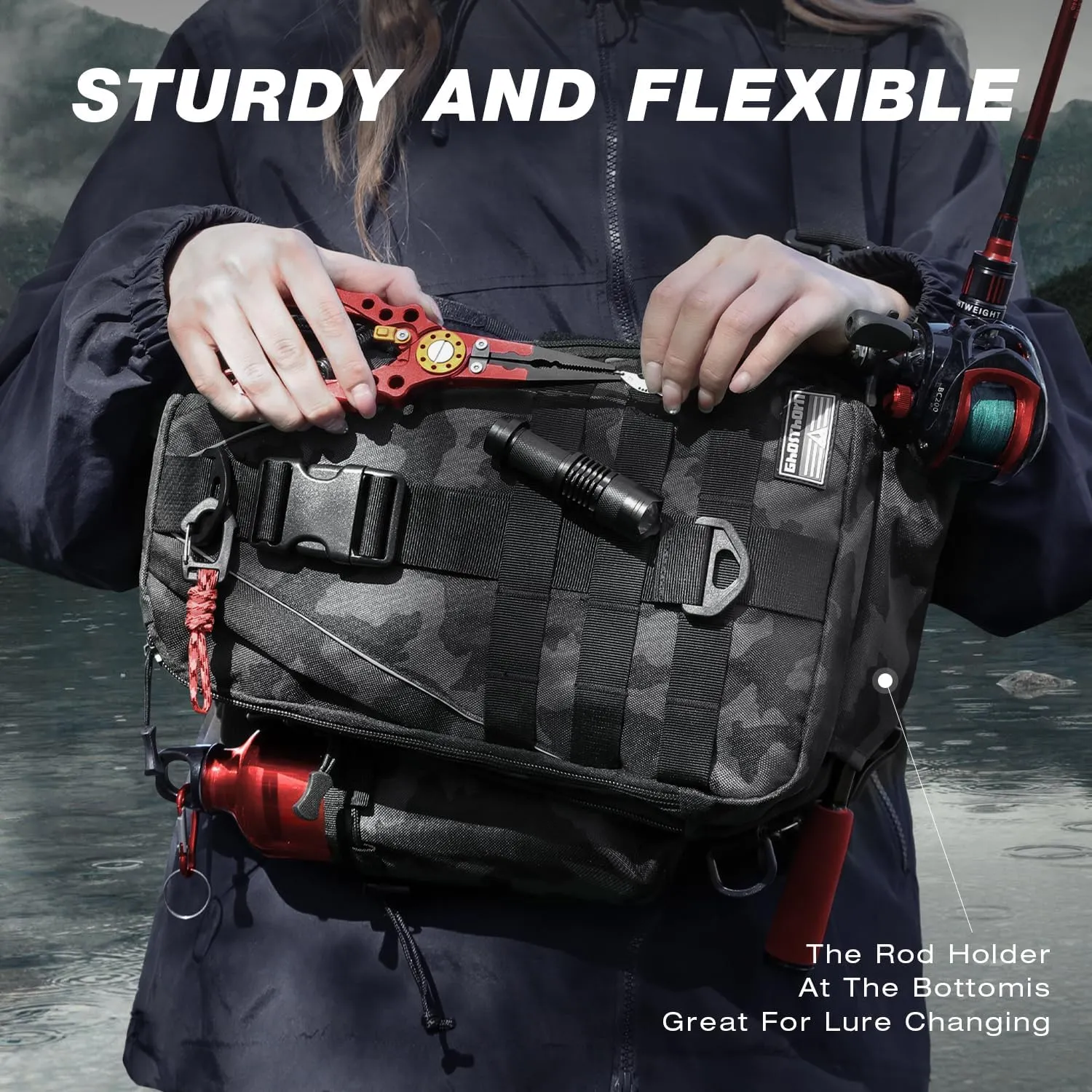 Ghosthorn Fishing Backpack with Rod Holder - Tackle Sling Bag - Fly Fishing Gifts for Men and Women