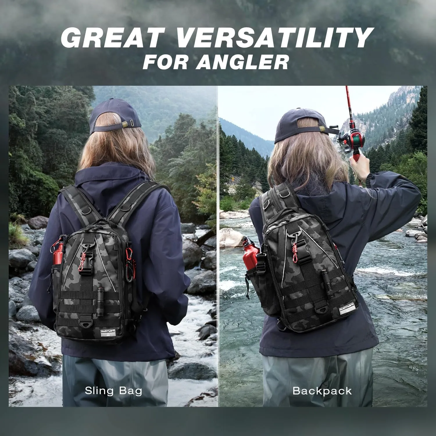 Ghosthorn Fishing Backpack with Rod Holder - Tackle Sling Bag - Fly Fishing Gifts for Men and Women