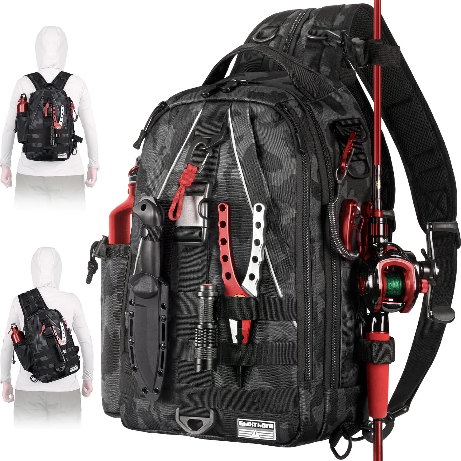 Ghosthorn Fishing Backpack with Rod Holder - Tackle Sling Bag - Fly Fishing Gifts for Men and Women