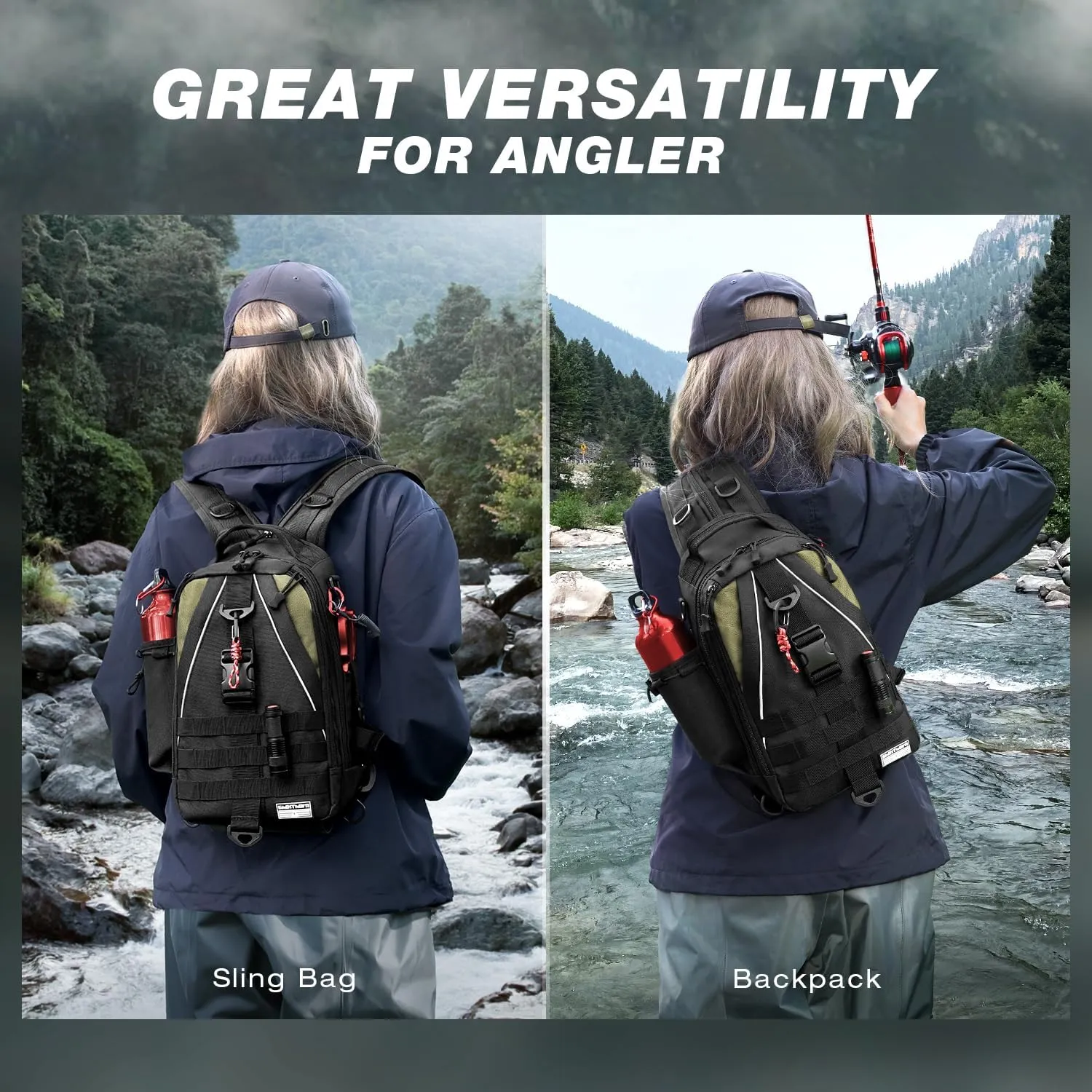 Ghosthorn Fishing Backpack with Rod Holder - Tackle Sling Bag - Fly Fishing Gifts for Men and Women